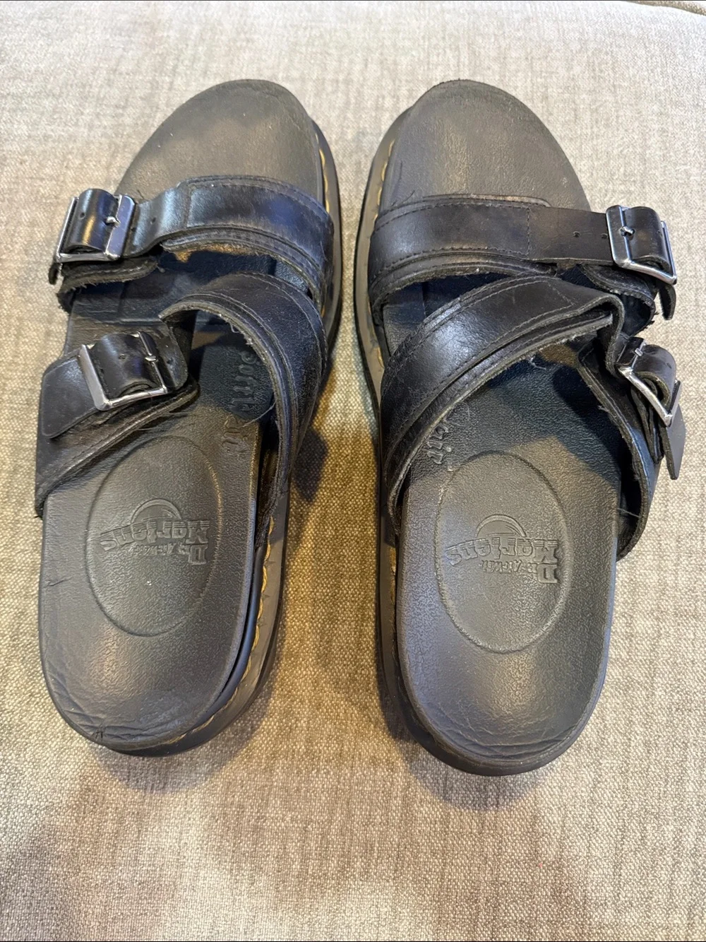 Dr. Martens Black Leather Double Buckle Slide Sandals